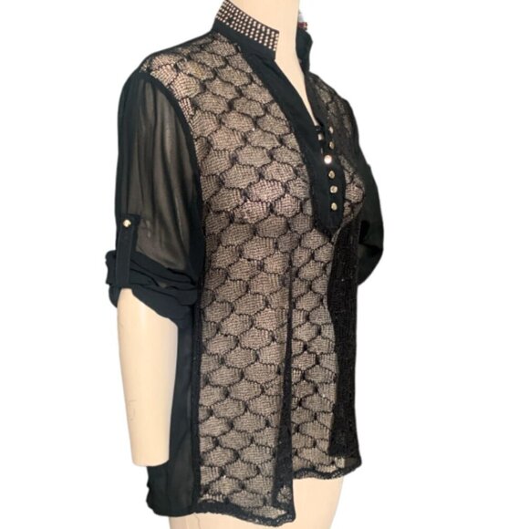 Belush Sheer Mixed Textured Lace Front Top XL Black w/ Gold Accents #116H - Picture 3 of 10